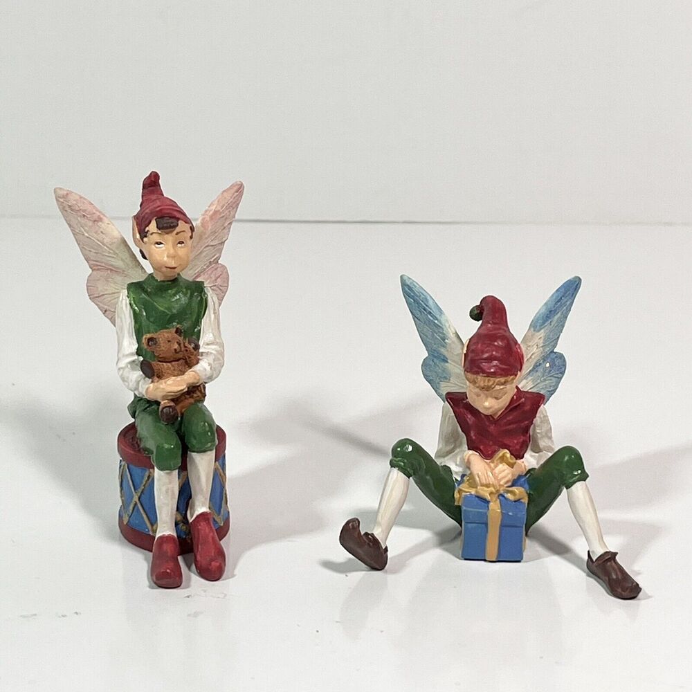 Lot Of 2 Avon Santa's Elves Collection Elf with Teddy Bear And Elf With Present
